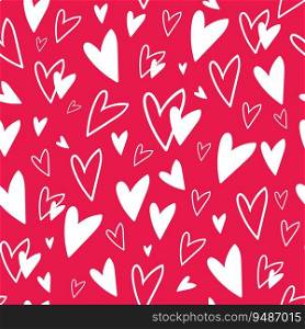 Seamless pattern with white doodle hearts on red background. For Valentine s Day wrapping paper, textile and decoration. Hand drawn vector illustration