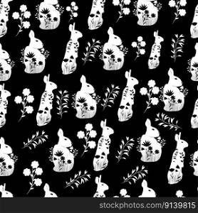Seamless pattern with white silhouettes of rabbits on a black background with flowers and grass. Vector illustration. For packaging, textiles, covers.