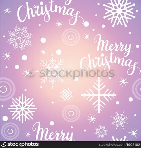 Seamless pattern with white snowflakes and lettering isolated on purple background. Vector illustration. For design, print, decor, wallpaper, linen, dishes, textile. White snowflakes and lettering on purple seamless pattern