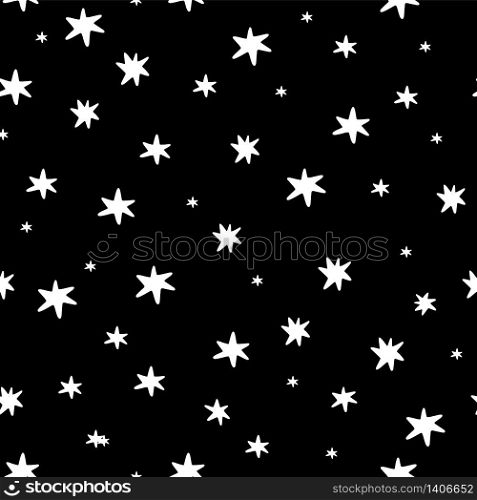 Seamless pattern with white stars on a black sky. Hand-drawn vector background with stars.