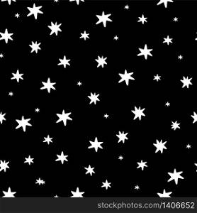 Seamless pattern with white stars on a black sky. Hand-drawn vector background with stars.