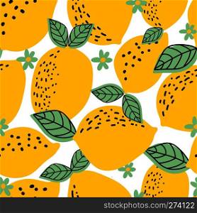 Seamless pattern with whole lemons and leaves. Vector illustration. Can be used for textile, clothing, wrb, scrapbooking, wallpaper. Seamless pattern with whole lemons. Vector illustration.