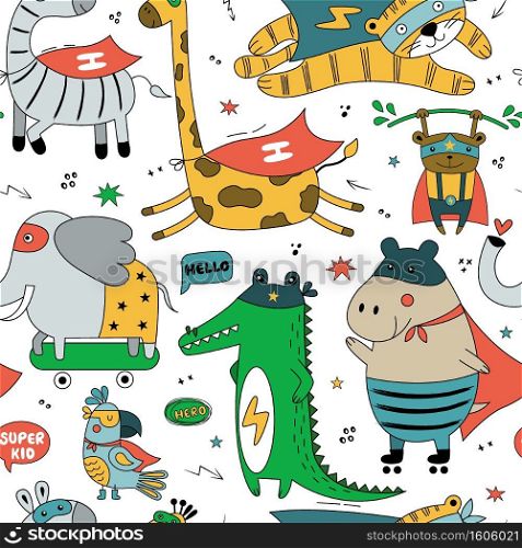 Seamless pattern with wild animals in funny comics costume. Cute vector background  with parrot, hippo, tiger, lion, giraffe, elephant, monkey, zebra isolated on white background. Can be used for textile, wallpaper, wrapping