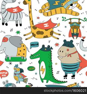 Seamless pattern with wild animals in funny comics costume. Cute vector background with parrot, hippo, tiger, lion, giraffe, elephant, monkey, zebra isolated on white background. Can be used for textile, wallpaper, wrapping