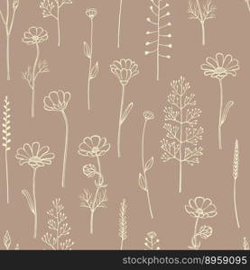 Seamless pattern with wild flowers. Hand drawn floral elements. Vector illustration.