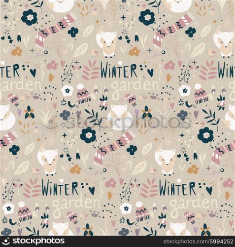 Seamless pattern with winter garden flowers, foxes and scarf, hat and mittens, vector illustration