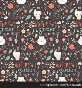 Seamless pattern with winter garden flowers, foxes and scarf, hat and mittens, vector illustration