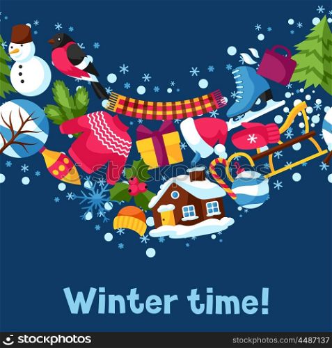 Seamless pattern with winter objects. Merry Christmas, Happy New Year holiday items and symbols.