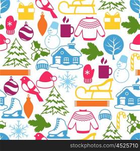 Seamless pattern with winter objects. Merry Christmas, Happy New Year holiday items and symbols.