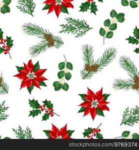 Seamless pattern with winter plants. Merry Christmas and Happy New Year decoration. Holiday design.. Seamless pattern with winter plants. Merry Christmas and Happy New Year decoration.