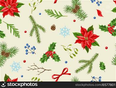 Seamless pattern with winter plants. Merry Christmas holiday decoration. Forest branches background in vintage style.. Seamless pattern with winter plants.