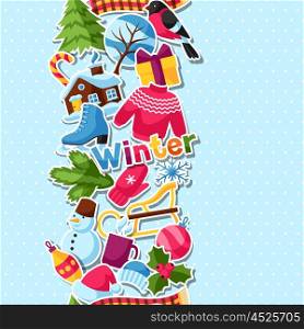 Seamless pattern with winter stickers. Merry Christmas, Happy New Year holiday items and symbols.