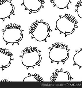 Seamless pattern with witch cauldron. Hand drawn vector illustration.