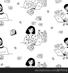 Seamless pattern with woman and man at laptop with online messages on white background. Vector illustration. Linear hand drawn doodle style