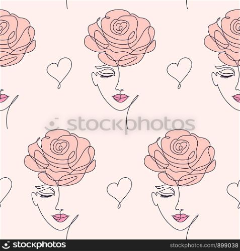 Seamless pattern with woman face and heart on light background.