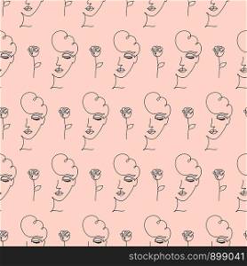 Seamless pattern with woman face and rose on light background.