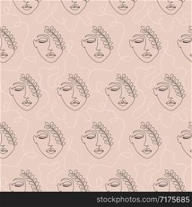 Seamless pattern with woman face on brown background.
