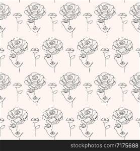 Seamless pattern with woman face on pale background.