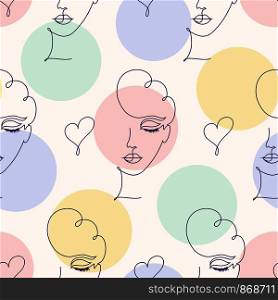 Seamless pattern with woman face on pastel background.