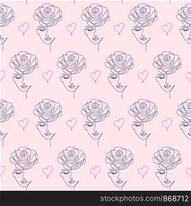 Seamless pattern with woman face on pink background.