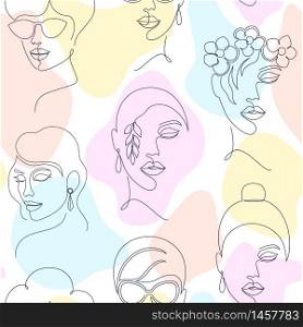 Seamless pattern with woman faces and abstract shapes on white background. pattern with woman faces