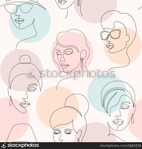 Seamless pattern with woman faces and circles on white background.. pattern with woman faces