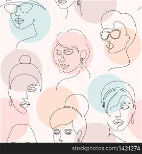 Seamless pattern with woman faces and circles on white background.. pattern with woman faces
