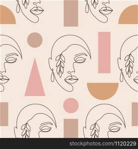 Seamless pattern with woman faces and geometric figures