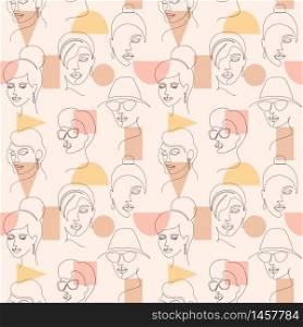 Seamless pattern with woman faces and geometric shapes