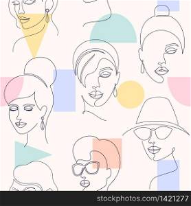 Seamless pattern with woman faces and geometric shapes on light background. pattern with woman faces