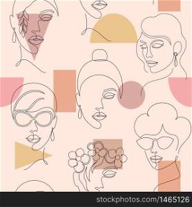 Seamless pattern with woman faces and geometric shapes on light background. pattern with woman faces