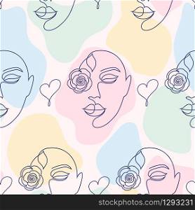 Seamless pattern with woman faces, hearts and abstract shapes on light background