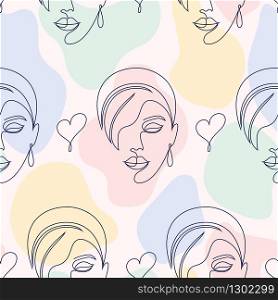 Seamless pattern with woman faces, hearts and abstract shapes on light background