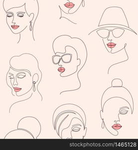 Seamless pattern with woman faces on pale background. pattern with woman faces