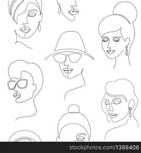 Seamless pattern with woman faces on white background. pattern with woman faces