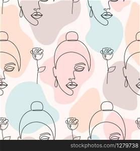 Seamless pattern with woman faces, roses and abstract shapes on light background