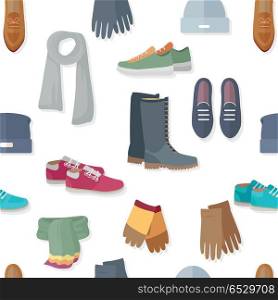 Seamless Pattern with Women Accessories and Shoes. Seamless pattern with women accessories and shoes. Autumn winter collection elements. Stylish fashionable footwear from popular designers. Best world brands. For wallpaper design, posters, ads. Vector
