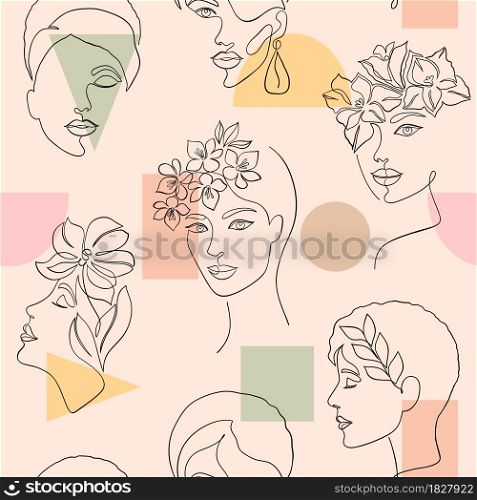 Seamless pattern with women faces and geometric shapes on light background.