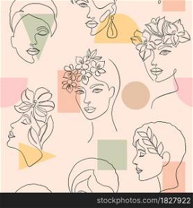 Seamless pattern with women faces and geometric shapes on light background.