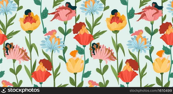 Seamless pattern with women sitting in flowers. Concept for International Women s Day and other use. Vector template. Seamless pattern with women sitting in flowers. Concept for International Women s Day and other use. Vector.