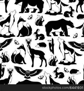 Seamless pattern with woodland forest animals and birds. Stylized illustration. Seamless pattern with woodland forest animals and birds. Stylized illustration.