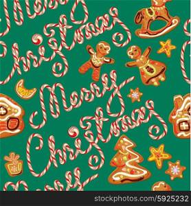 Seamless pattern with xmas gingerbread - cookies in people, star, horse and fir-tree branches. Hand written candy calligraphic text Merry Christmas on green background. Element for holiday Card design
