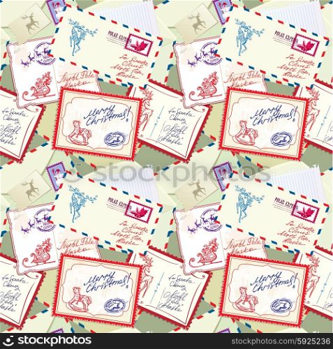 Seamless pattern with xmas stamps, envelops, labels, cards, hand written texts, Christmas and New Year postage background for winter holidays design.