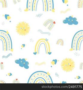 Seamless pattern with yellow and blue rainbow and hearts, cloud and sun on white background. Vector illustration. For design, decoration, packaging and decoration, wallpaper and printing