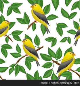 Seamless pattern with yellow birds and leaves, vector illustration. Birds on a background of lush green foliage. Colorful natural background.. Seamless pattern with yellow birds and leaves, vector illustration.