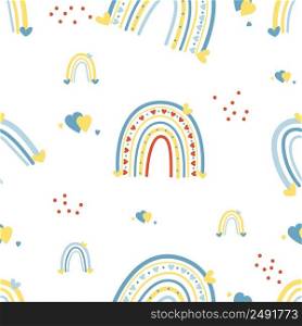 Seamless pattern with yellow-blue rainbow on white background with hearts. Vector illustration For design, decoration, packaging and decoration, wallpaper and print