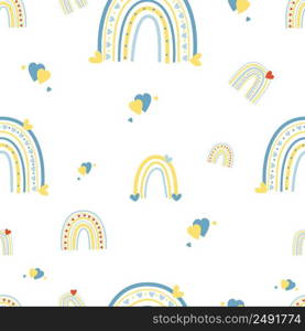 Seamless pattern with yellow-blue rainbow on white background with hearts. Vector illustration. Colors of Ukrainian flag. For design, decoration, packaging and decoration, wallpaper and printing