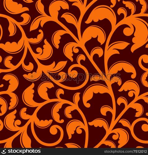 Seamless pattern with yellow flourishes in baroque style on red background. For background, interior or fabric design . Seamless pattern with floral swirls