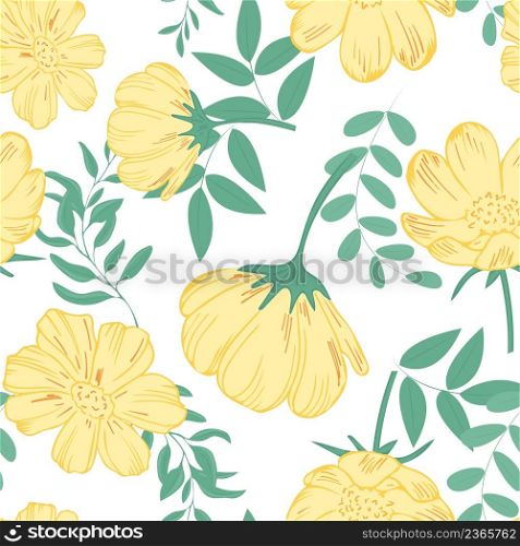Seamless pattern with yellow flowers and leaves. Repeating continuous background with bright spring flowers. Floral template vector illustration