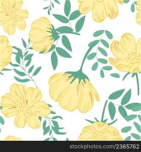 Seamless pattern with yellow flowers and leaves. Repeating continuous background with bright spring flowers. Floral template vector illustration